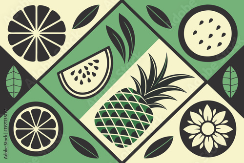 bold retro flat design illustration of tropical fruits pineapple watermelon citrus and passion fruit with botanical leaves in green and cream geometric pattern