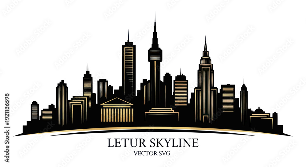 Naklejka premium Modern City Skyline Silhouette with Golden Accents