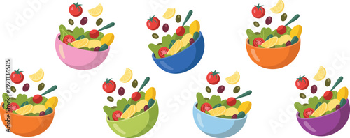 Six colorful salad bowls vector illustration with fresh vegetables and fruits, dynamic healthy eating design perfect for food, nutrition, lifestyle, wellness themes