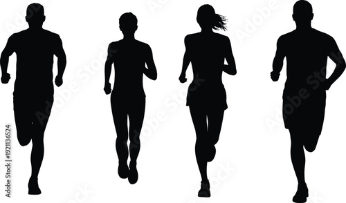 Front view silhouettes of running men and women isolated on white background, fitness training, jogging exercise, and active healthy lifestyle concept