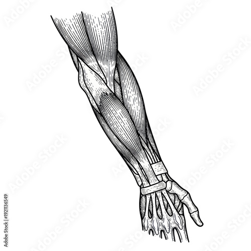 Anatomical illustration of human forearm muscles and bones, vintage style.