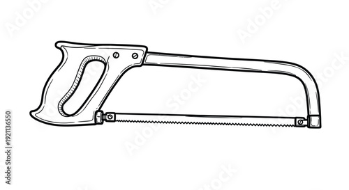 Black and white illustration of a hacksaw with a curved handle and a serrated blade, set against a plain background, conveying simplicity and functionality.