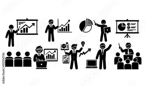 Minimal Black Stick Figure Business Presentation and Corporate Training Icon Collection