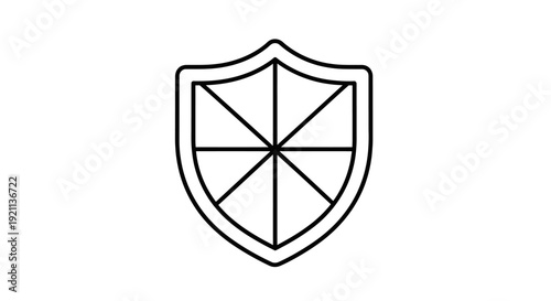 Clean outline shield icon featuring a geometric spoke pattern. This minimalist emblem effectively symbolizes robust protection, security, defense, and integrity for modern design applications