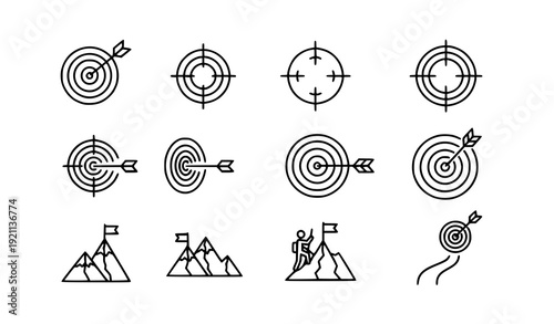 Minimal Outline Goal Target and Mountain Summit Achievement Icon Collection
