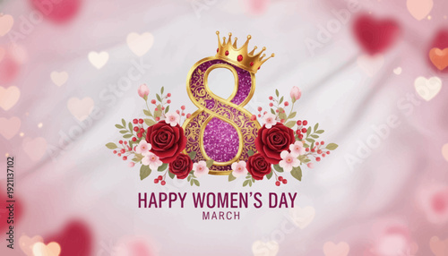 Happy women's day celebration with crowned number eight surrounded by roses and hearts on pink background