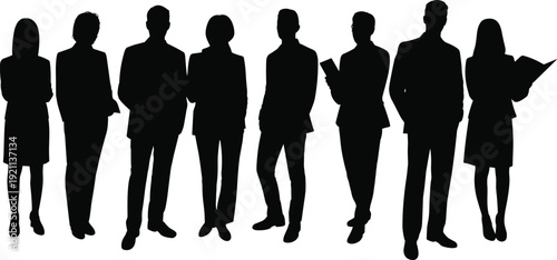 Group of business people silhouettes standing in formal attire isolated on white background, corporate team and professional staff concept