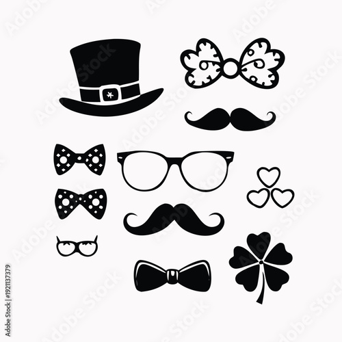 A collection of black and white mustache hat glasses and clover icons