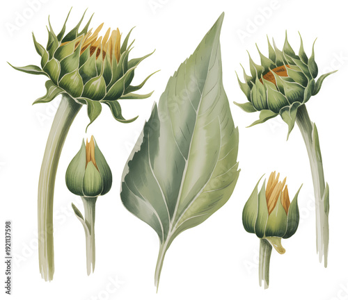 Elegant helianthus buds and detailed leaf arrangement in refined hand-drawn botanical art.