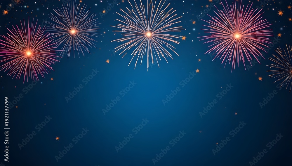 Fototapeta premium Colorful Fireworks Display on Blue Starry Background with Space for Text