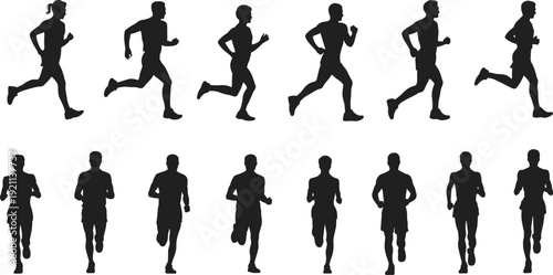 Large set of running men and women silhouettes in side and front views isolated on white background, fitness training and sport activity concept