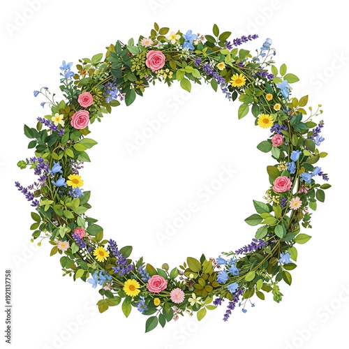 A vibrant floral wreath composed of various blossoms on transparent background