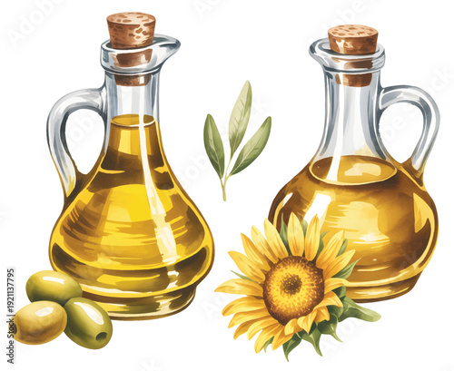 Extra virgin olive oil set with transparent glass cruets, green olives, and sunflower accent in vintage watercolor style.