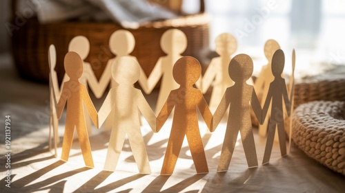 Paper cutout figures of people holding hands, symbolizing unity, community, and teamwork, placed on a sunlit wooden surface with cozy background elements.
