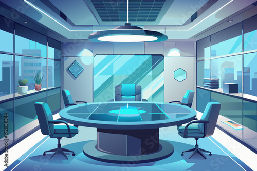 Modern office conference room with round glass table and blue chairs