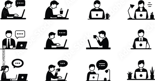 Business people working on laptops icon set, office communication and online work concept, black vector illustration