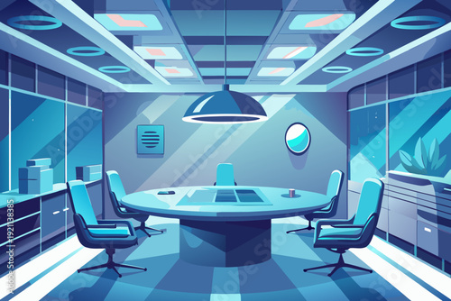 Modern office conference room with blue tones and futuristic design