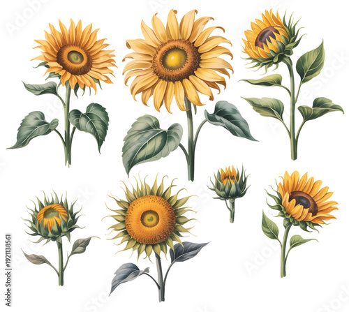 Elegant sunflower botanical arrangement with layered petals in timeless watercolor illustration.