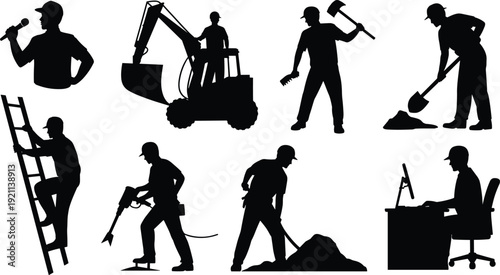 Construction worker silhouette set illustration, builders operating tools and excavator machine, industrial labor activity concept, isolated white background