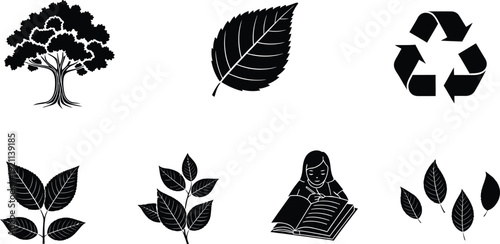 Eco friendly icons and leaves on white background