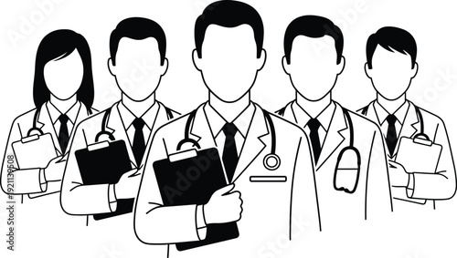 A group of business professionals with clipboards standing together