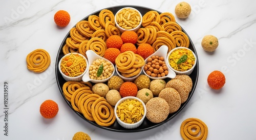 Traditional Indian Diwali sweets and savory snacks platter