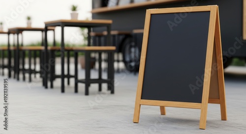 Blank Wooden Chalkboard Menu Sign Mockup at Outdoor Cafe Seating