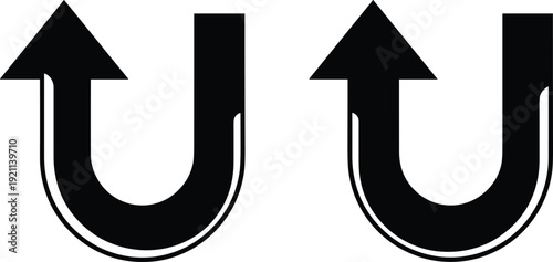 U turn arrow icon set in bold black style representing reverse direction navigation traffic signs and user interface symbols isolated on white background