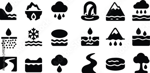 Collection of black silhouette icons for camping and outdoor activities
