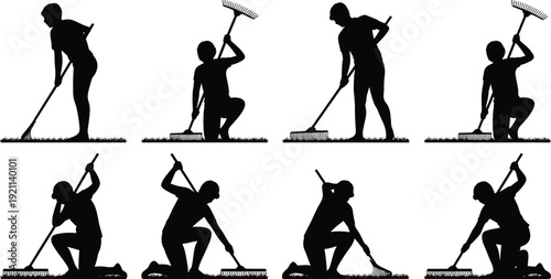 People raking leaves silhouettes set, gardening and lawn maintenance workers collection, black vector illustration
