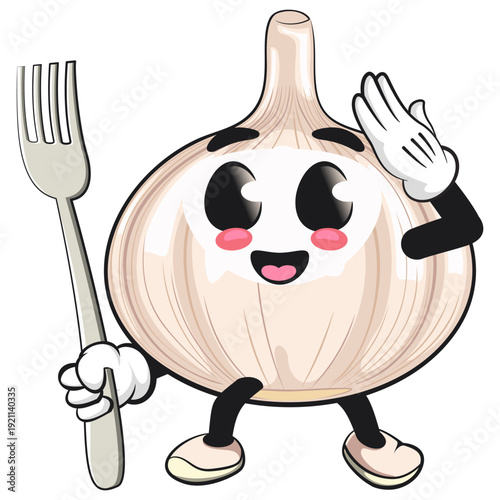 cute garlic mascot character saluting while holding a fork, isolated vector illustration, work of hand drawn