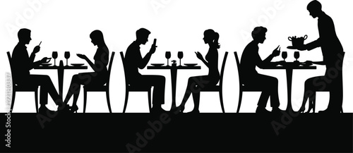 Restaurant people silhouettes dining at table, couple using smartphones during dinner, waiter serving wine illustration