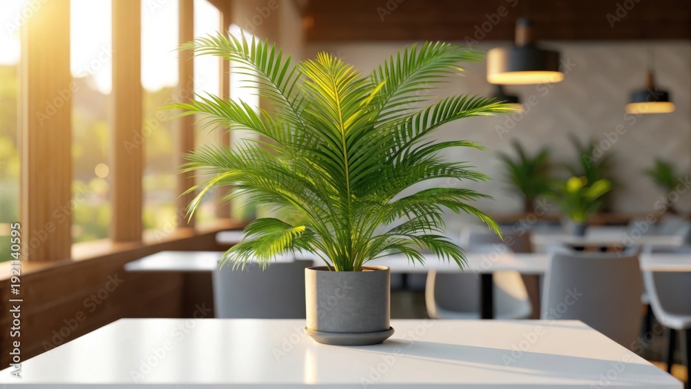 Fototapeta premium Potted palm plant on a table in a sunlit restaurant interior