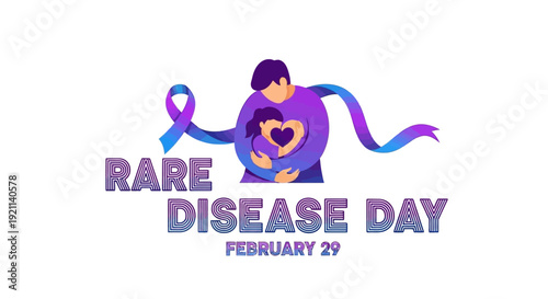 Illustration of a purple-clad adult holding a heart with a child for Rare Disease Day on February 29, with a ribbon and purple and blue streamers, conveying health awareness and advocacy on