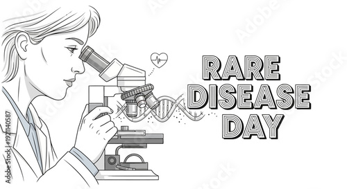 Illustration of a scientist examining a sample under a microscope with a DNA helix and heart, promoting awareness for Rare Disease Day in a simple line art style on a white background.