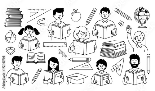 Cartoon Black and White Icons of People Reading with Educational Tools and Items