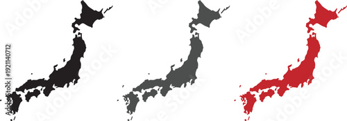 High-Quality Silhouette Map of Japan Set – Detailed Vector Outline Graphics of the Japanese Archipelago in Black, Charcoal Gray, and Red for Travel, Business, and Geographic Design