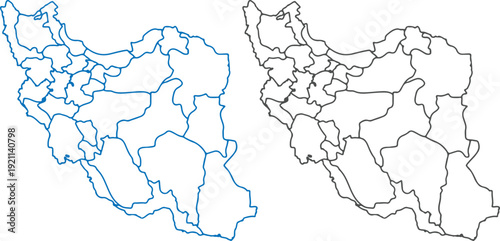 Detailed Vector Outline Map of Iran Provinces – Set of Blue and Black Administrative Borders and Geographic Territorial Divisions of the Islamic Republic of Iran