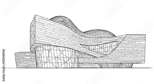 Detailed architectural line drawing of a modern curvilinear building with a distinctive wave-like roof and facade.