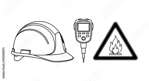 Line art illustration of a safety hard hat, a handheld detector, and a fire hazard warning sign.