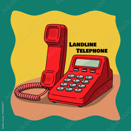 Pop-Art style illustration of a classic red landline telephone. National Landline Telephone Day, March 10th