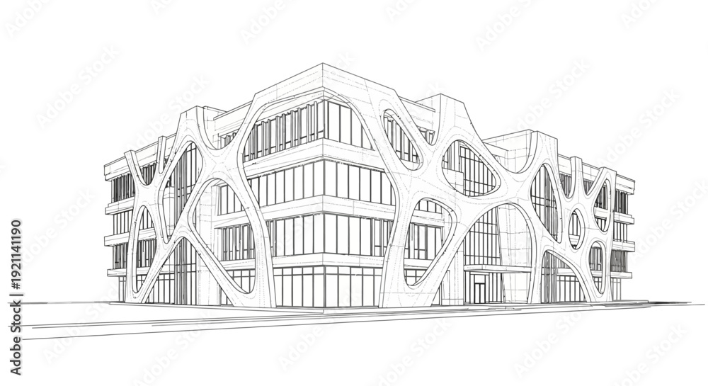 Fototapeta premium Detailed architectural sketch of a modern building with a unique organic facade design.