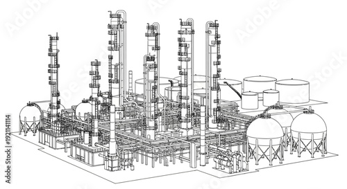 A detailed wireframe drawing of a large industrial oil refinery or chemical plant with multiple towers and tanks.