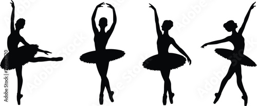Ballet dancers, classical dance, tutu costume, silhouette vector illustration, graceful pose, performance art, elegance, choreography, stage, movement, culture, discipline, artistry