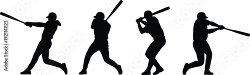 Baseball player silhouettes, batting stances, swinging bat, sports vector, athletic motion, dynamic poses, baseball caps, hitting technique, abstract illustration