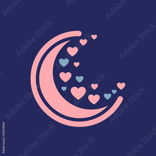 Pink crescent moon adorned with numerous tiny hearts, representing love and dreams