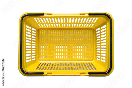 Overhead view of a vibrant yellow plastic shopping basket on png, shopping basket, yellow basket, plastic basket, store basket, supermarket basket, shopping container, retail, grocery, market, contain