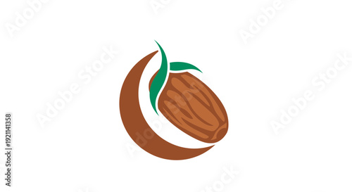 A simple brown date fruit with green leaves and a crescent shape, isolated on a white background