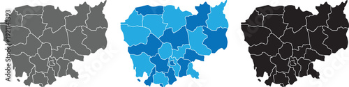 Cambodia Administrative Map Set: Detailed Provincial Vector Outline Icons in Blue, Grayscale, and Black Silhouettes for Infographics and Data Visualization
