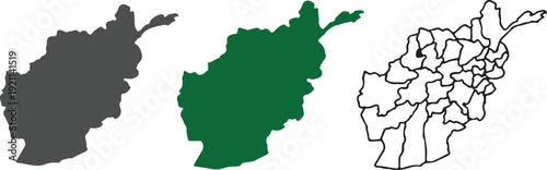 Afghanistan Map Vector Set: Detailed Provincial Borders, Green and Gray Silhouettes, and Outline Icons for Infographic and Geographical Design